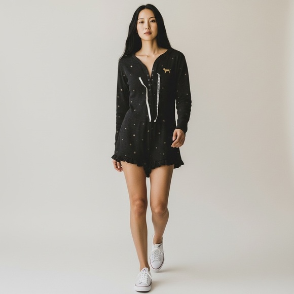 PINK Victoria's Secret Other - PINK Victoria's Secret Black Star-Print Henley pajamas with Gold Dog Motif